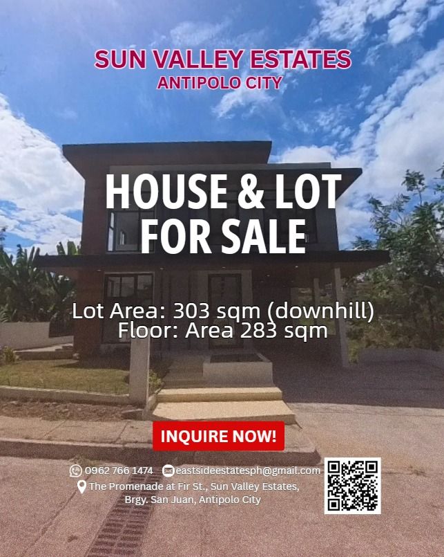 Ramin House & Lot (Category: House & Lot) located in Antipolo. Submitted by eastside_estatesph (Listing ID 1464990196, Image 1). Description: Sun Valley Estates House & Lot at Sun Valley with view of Sun Valley golf course hole # 2 & #3 Lot Area 303 sqm – downhill lot Floor Area 283 sqm 1 covered parking + 2 open parking Landscaped garden GROUND FLOOR Living room with Lanai Powder room Dining Room Kitchen Guest room with T&B SECOND FLOOR Family R