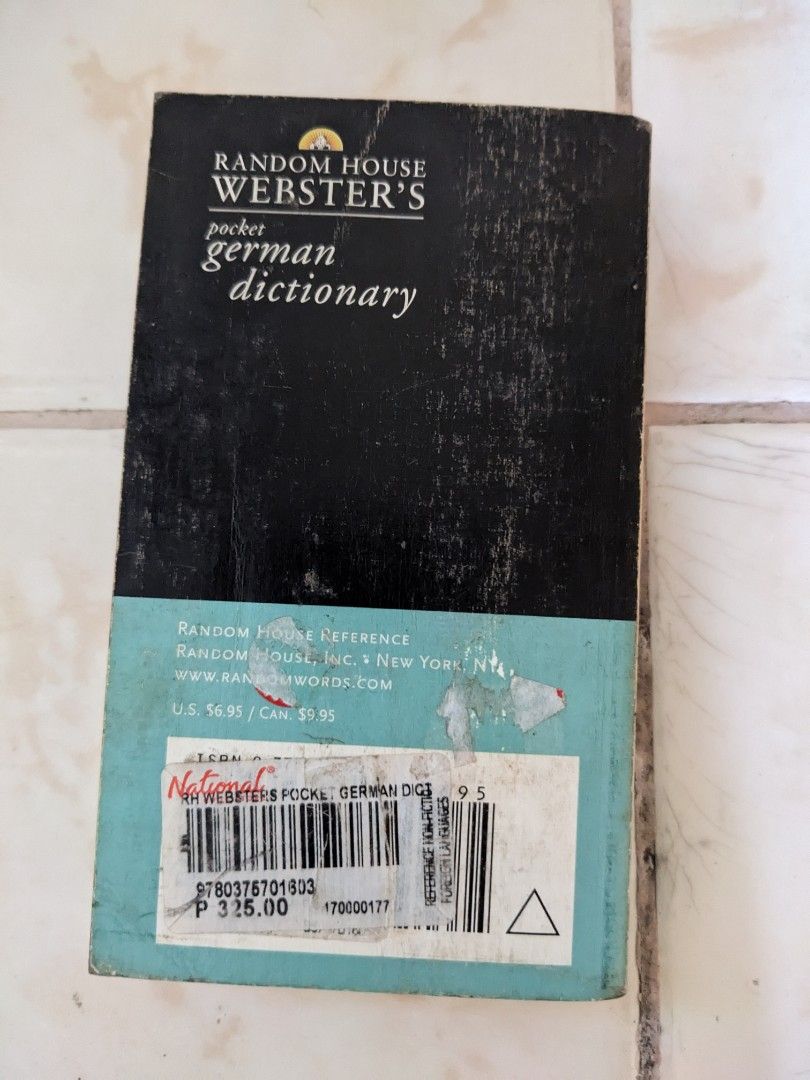 Random House Webster's Pocket German Dictionary Second Edition (Category: Textbooks) located in Goa. Submitted by sofiavill333 (Listing ID 1465169767, Image 2). Description: - Title: Random House Webster's Pocket German Dictionary, Second Edition - Content: Over 40,000 German-English and English-German translations - Format: Compact paperback, perfect for travel or language studies - Condition: Good, with original National Book Store price tag on