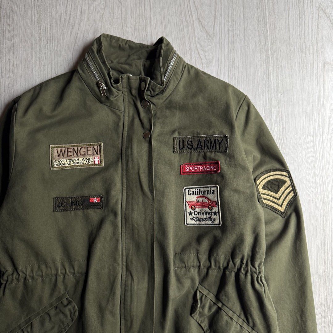 Random Military Jacket (Category: Coats, Jackets and Outerwear) located in Zamboanga. Submitted by rustic.rev (Listing ID 1465119559, Image 2). Description: Random Military Jacket In excellent condition Tagged: NA fits M Actual Measurements: Pit to pit: 21.5” Length: 29” Shoulders: 17” Sleeves length: 22.5”.