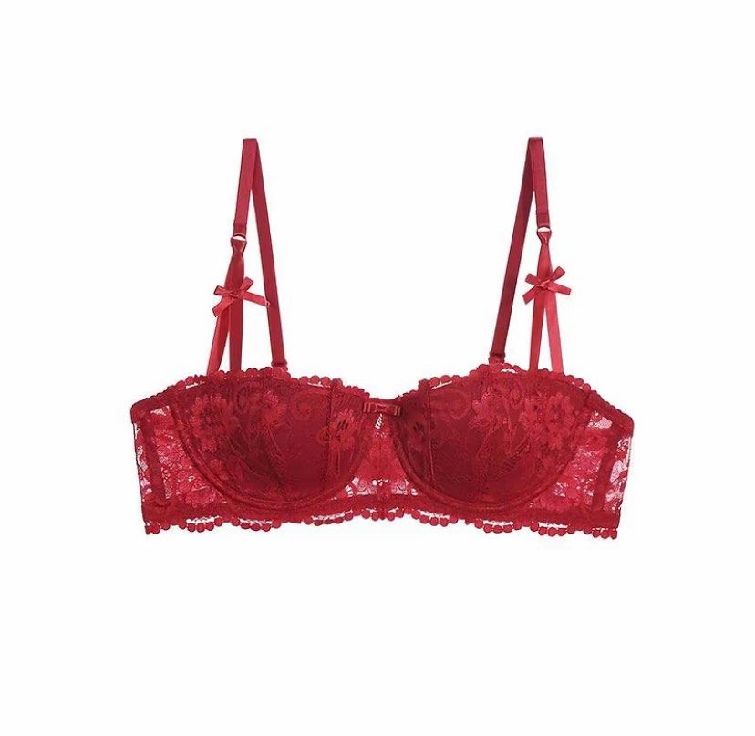 Red Lace Balconette Bra with Ribbon Straps (Category: Undergarments & Loungewear) located in Cavite. Submitted by zyrahramos (Listing ID 1465094888, Image 1). Description: 💋Deep ruby red balconette bra made of full floral lace 💋Built-in underwire support for a flattering lift 💋Delicate scalloped edges along the top and bottom bands 💋Adjustable back straps with dual ribbon accents on both sides 💋Charming small bow detail between the cups.