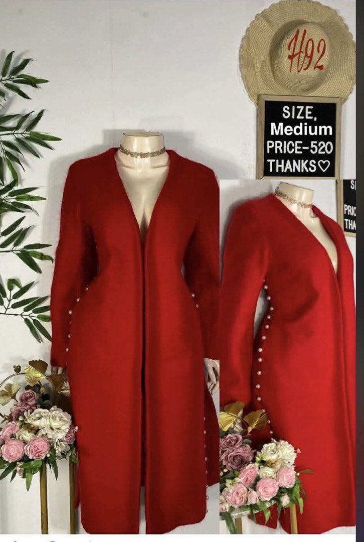 Red Long Coat with Pearl Detailing (Category: Coats, Jackets and Outerwear) located in Imus. Submitted by anggeshop (Listing ID 1465051656, Image 1). Description: - Color: Vibrant red - Size: Medium - Design: Open front with stylish pearl-lined side seams - Cut: Straight silhouette, below-the-knee length - Material: Thick and warm fabric ideal for cooler weather .