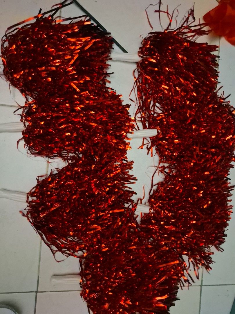 Red pom poms and gradient silk dance fans (Category: Occasions & Party Supplies) located in Manila. Submitted by ogbacsandr04531 (Listing ID 1465099404, Image 1). Description: - Set includes: 7 Sparkly red pom poms (with plastic handles) and 4 long gradient silk dance fans (yellow, orange, red with bamboo frames) - Ideal for: Dance performances, cheerleading, cultural events, and practices - Condition: Stored in decent shape, well-maintained, and