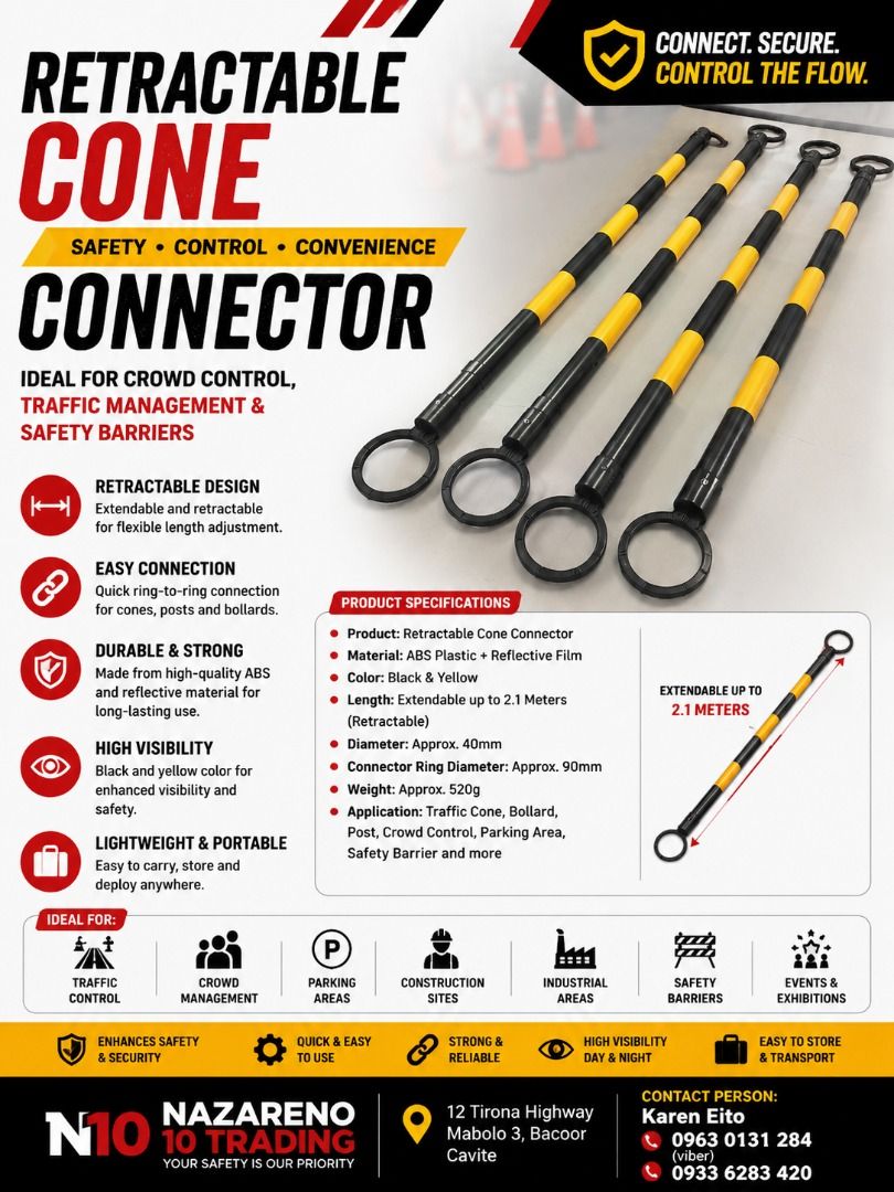 RETRACTABLE TRAFFIC CONE CONNECTOR BAR (Category: Looking For) located in Bacoor. Submitted by kajezame.2021 (Listing ID 1465002995, Image 1). Description: RETRACTABLE TRAFFIC CONE CONNECTOR BAR For More Details and Discount Contact Ms. Karen NAZARENO 10 TRADING 0963 0131 284 0933 6283 420 0956 7028 557 0933 8559 510 Landline: Look for Ms. Karen (046 ) 416 3920 Also available: • Traffic cone • Parking Block stopper • Hooded trash bin • Road Plast
