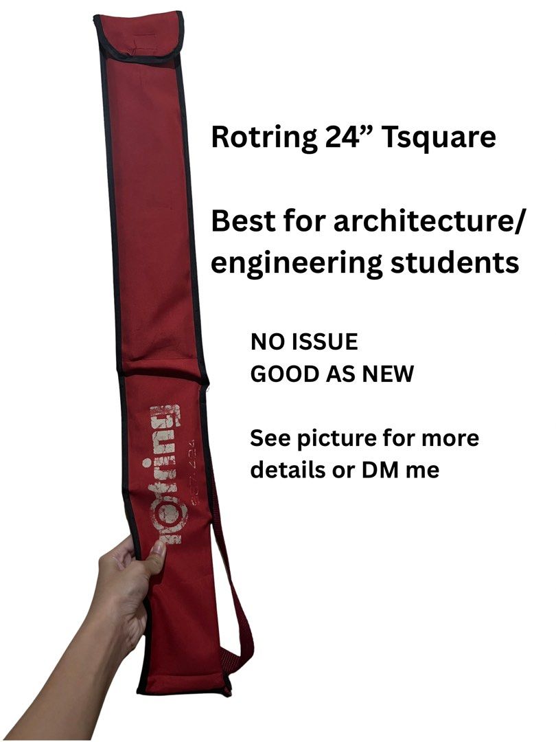 Rotring 24" T-Square with Carrying Case (Category: Stationery & School Supplies) located in Manila. Submitted by hoshimiii (Listing ID 1465095558, Image 1). Description: Selling my tsquare (24”) for ₱550 only! NO ISSUE, quality of the tsquare is still 10/10 - complete parts -may bag pa -wooden tsquare, more appropriate for anti smudge. Loc: pasay/makati Can do meet up within the said loc or lalamove. We Open for negotiation. Dm me/comment below:)