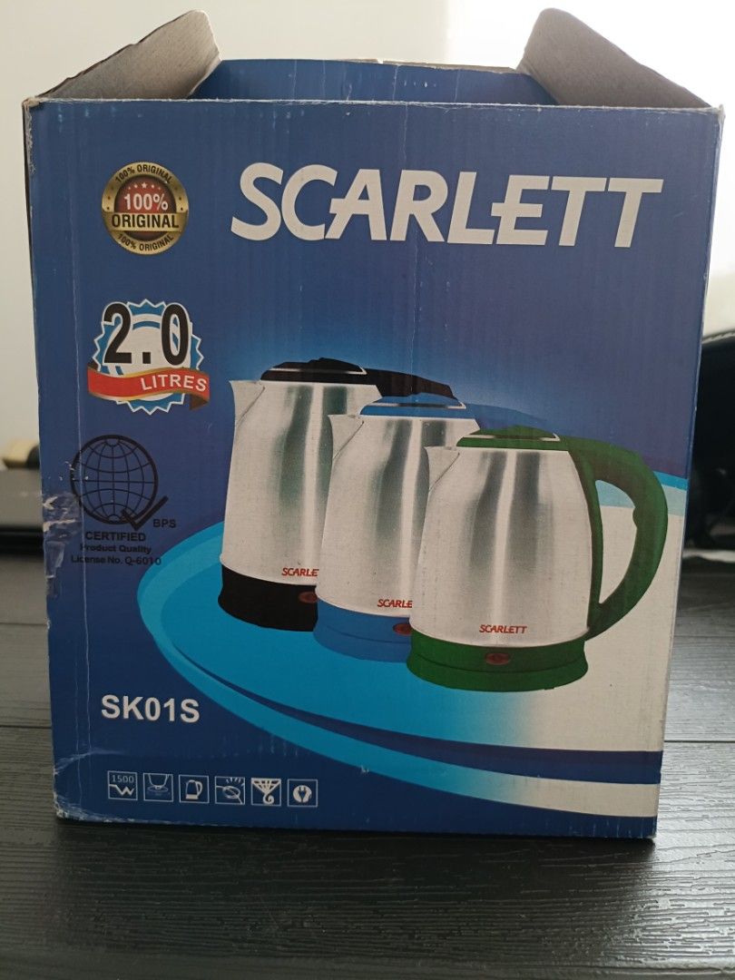 Scarlett SK01S Electric Kettle 2.0L (Category: Kettles & Airpots) located in Quezon City. Submitted by cataleya0723 (Listing ID 1464983670, Image 1). Description: - Brand/Model: Scarlett SK01S Electric Kettle - Capacity: 2.0 litres - Power: 1500 watts for fast boiling - Material/Design: Stainless steel body with black handle and base - Condition/Inclusion: Works great, comes with original box - Perfect for quick boiling in the kitchen.