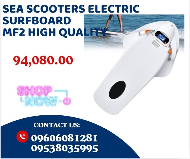 Sea Scooters Electric Surfboard (Category: Other Sports Equipment and Supplies) located in Caloocan City. Submitted by happystorm_d41630 (Listing ID 1464995109, Image 1). Description: ●MF2 brand New Electric Surf Board ●Packing Size: 93.5*28*51.5CM ●Gross product weight: 19kg ●Model: MF2 ●Color: White / Orange (optional color) ●Waterproof Level: IP68 ●Carrying Weight: ≤100KG ●Water Surface Speed ●Hydrostatic surface 5-15KM/H ●Surfboard Material: 