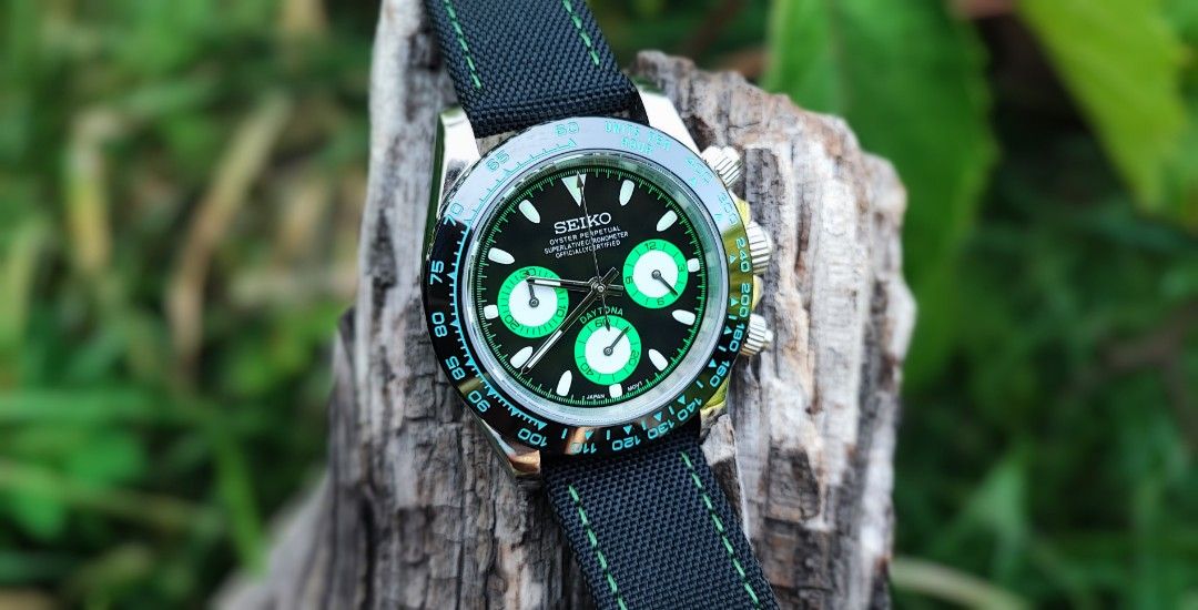 Seiko "Neon Racing" Daytona Chronograph Mod (Category: Men's Watches) located in Manila. Submitted by steelrat (Listing ID 1465033109, Image 2). Description: Please note that these are my personal watches. I’m a European expatriate and I am simply re-organizing my watch collection. Dominate the wrist game with this striking, hand-assembled custom piece that fuses legendary racing heritage with bold, modern track aesthetics. Built using a rock-sol