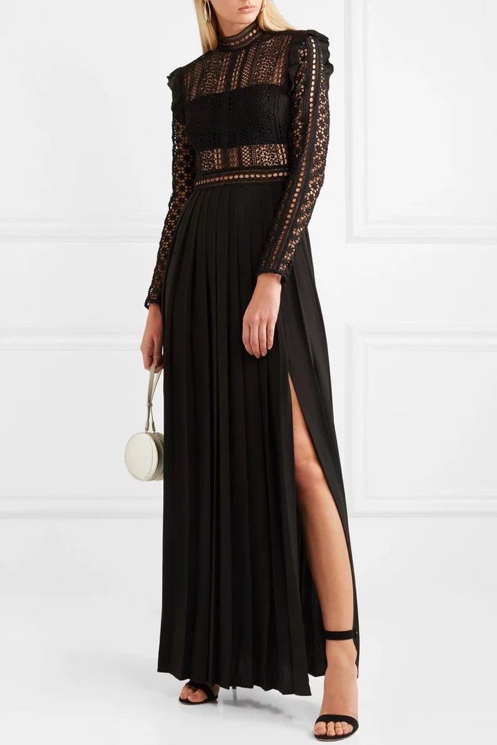 Self Portrait dress (Category: Dresses) located in Tarlac. Submitted by giannisdeclutters4106 (Listing ID 1465169759, Image 1). Description: Tarlac City | J&T | Gcash MOP SELF-PORTRAIT • intricate geometric guipure lace bodice and long sleeves • subtle ruffle trim along the shoulders, a high mock-neck collar, and a fluid, accordion-pleated maxi skirt. •with slit Size: XS Waist measurement: 25” (12.5” when laid flat) Retails at $567 Selling for ₱2