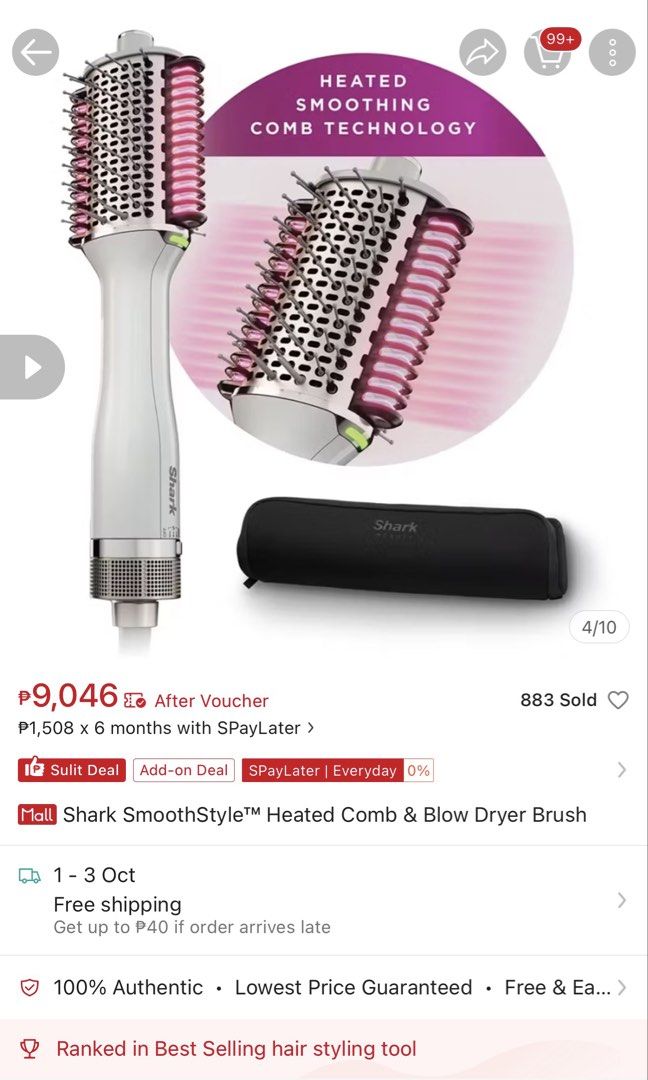 Shark SmoothStyle Heated Comb & Blow Dryer Brush (Category: Hair) located in Makati City. Submitted by bonitaab_ (Listing ID 1465052887, Image 2). Description: - Well used. If you’re looking for a blower AND thermal brush in one, this is the BEST option. Please manage your expectations as there are obvious signs of use. i loooove using this brush, very easy and takes u 5-10 mins (short hair) lang to dry and style, just make sure your hair is 70% 