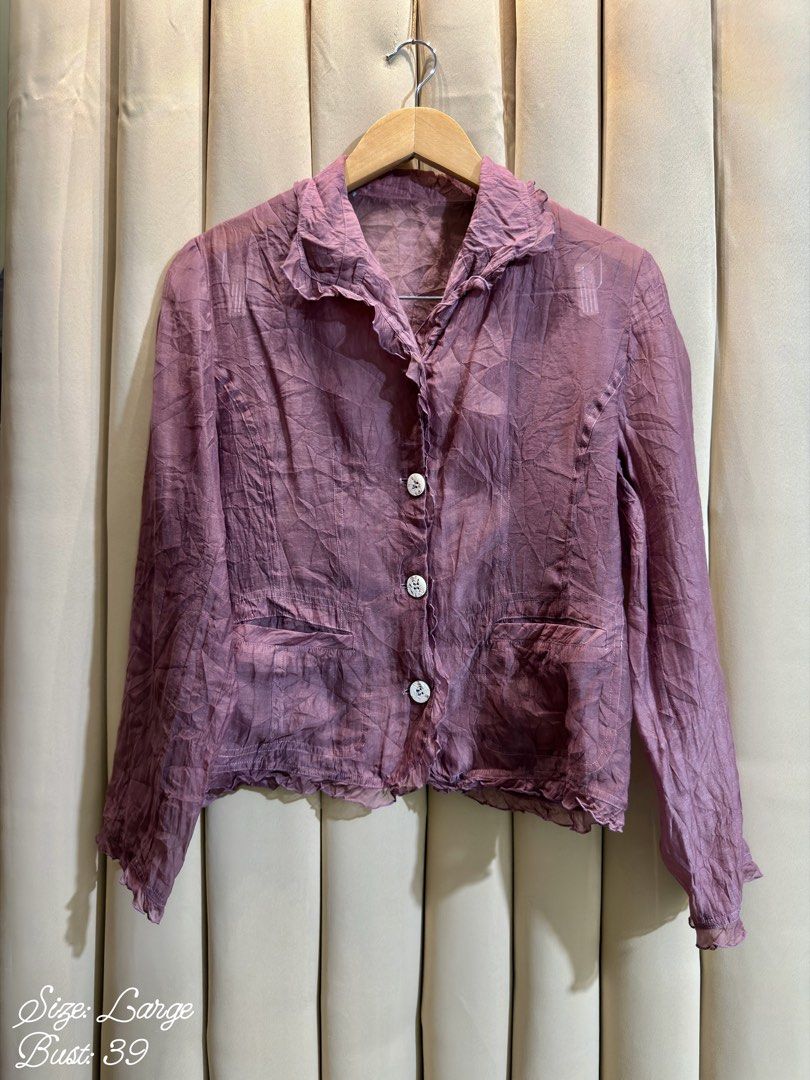 Sheer Button Blazer (Category: Coats, Jackets and Outerwear) located in Manila. Submitted by glamstylemnl (Listing ID 1465145585, Image 1). Description: ♡ SIZE: L ♡ BUST: 39 ♡ Swipe left to see the actual color & details ♡ ruffled collar / front pockets / sheer ♡ HQ • 10/10 ♡ Ready to wear 👚.