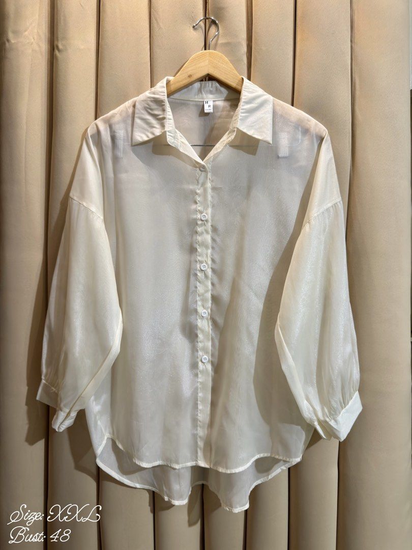 Sheer Button Down Longsleeve (Category: Longsleeves) located in Manila. Submitted by glamstylemnl (Listing ID 1465145762, Image 1). Description: ♡ SIZE: XXL ♡ BUST: 48 ♡ Swipe left to see the actual color & details ♡ relaxed and oversized fit / lightweight fabric ♡ HQ • 10/10 ♡ Ready to wear 👚.
