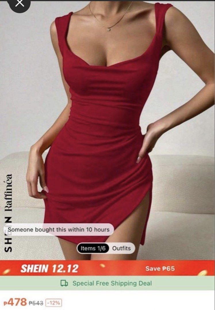 SHEIN Raffinea Red Bodycon Dress with Slit (Category: Dresses) located in Tayabas. Submitted by declutterwithmeee29 (Listing ID 1465170621, Image 1). Description: - Brand: SHEIN (Raffinea line) - Color: Vibrant red (great for parties and date nights) - Style: Bodycon, mini length with high thigh slit and side ruching - Details: Scoop neckline, thick straps, stretchy fabric that hugs curves - Size: Fits Small to Medium.