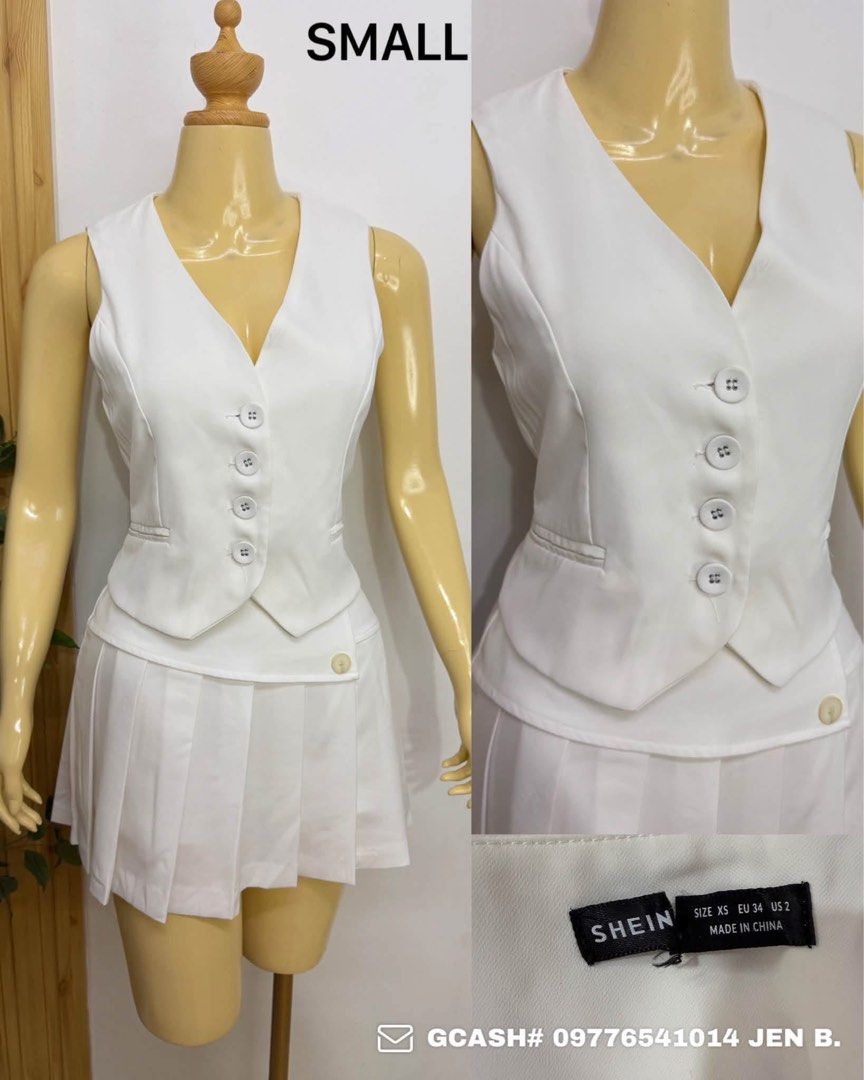 SHEIN White Vest Small (Category: Sets or Coordinates) located in Tagum. Submitted by bernardino49694 (Listing ID 1465006236, Image 1). Description: - Brand/Label: Shein - Size: XS (fits small) - Color: Clean White - Set includes: Sleeveless vest with 4 front buttons and a matching pleated skirt with side waistband button detail - Condition: Clean and well-maintained - Versatile style: Great for casual outings or formal events.