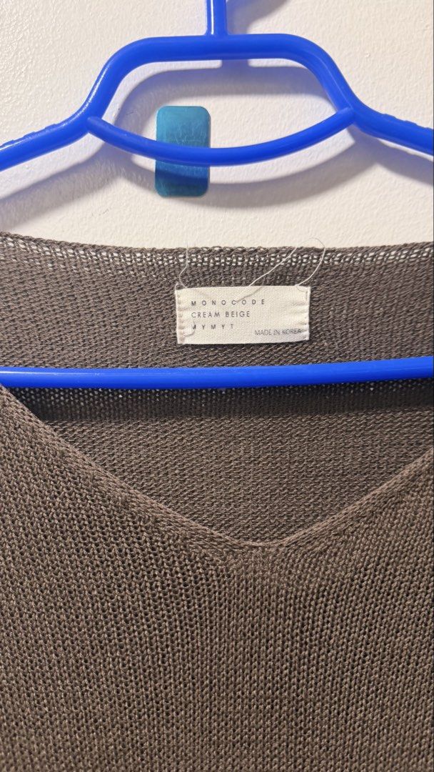 Short Sleeve Knit Shirt (Category: Blouses) located in Manila. Submitted by loveonhauls (Listing ID 1465088788, Image 2). Description: - Brand/Origin: Monocode, Made in Korea - Color: Brownish-grey (labeled cream beige) - Style: V-neckline, short sleeves, standard fit - Material: Lightweight open-knit texture - Details: Clean construction with ribbed cuffs and hem - Best for: Great layering piece for cooler weather.