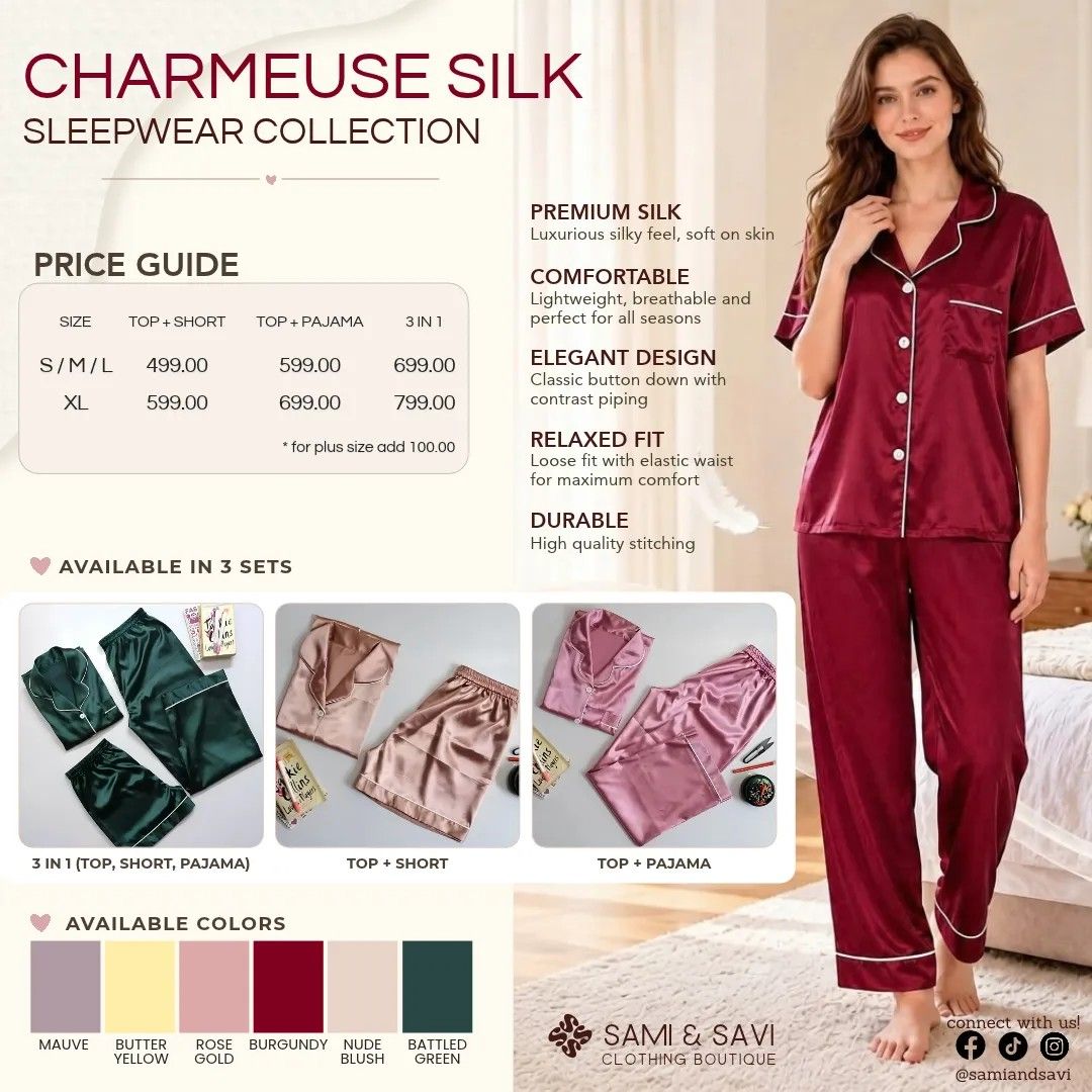 Silk sleepwear (Category: Undergarments & Loungewear) located in Manila. Submitted by mgrace.ef (Listing ID 1464995299, Image 1). Description: Charmeuse silk sleepwear set available in top + short, top + pajama and 3 in 1.