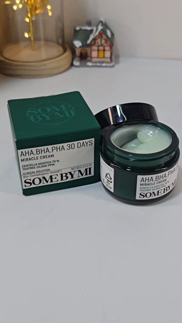 SOME BY MI AHA BHA PHA 30 Days Miracle Cream (Category: Face Care) located in Manila. Submitted by justliber27074 (Listing ID 1464970780, Image 1). Description: - Authentic Some By Mi Miracle Cream in 60g jar - Formulated with Centella Asiatica and Tea Tree extracts - Perfect for gentle exfoliation and soothing irritated skin - Unboxed; lid opened to show cream visibly inside (unused) - Guaranteed real green jar and matching box - Must-have K-bea