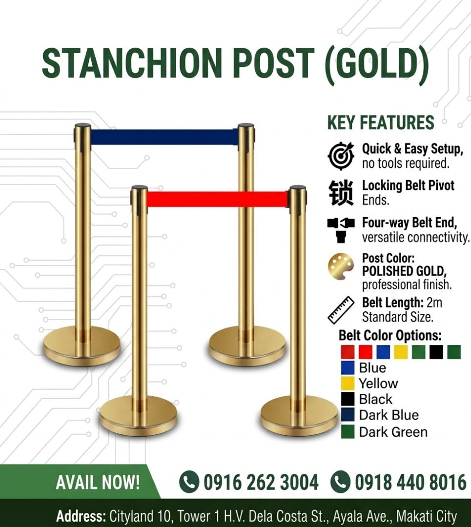 Stanchion gold post (Category: Everything Else Others) located in Makati City. Submitted by one-shop.mkt (Listing ID 1464991502, Image 1). Description: Specifications: * Quick and Easy Setup, no tools required * Locking Belt pivot ends * Four-way belt end Post Color: Gold Belt Color: Red, Blue, Yellow, Green, Black, Orange, Purple, Dark Blue, Gray, Blue Green, Dark Green Belt Length: 2m Standard Size Material: Stainless Steel Height: 36 inches (9