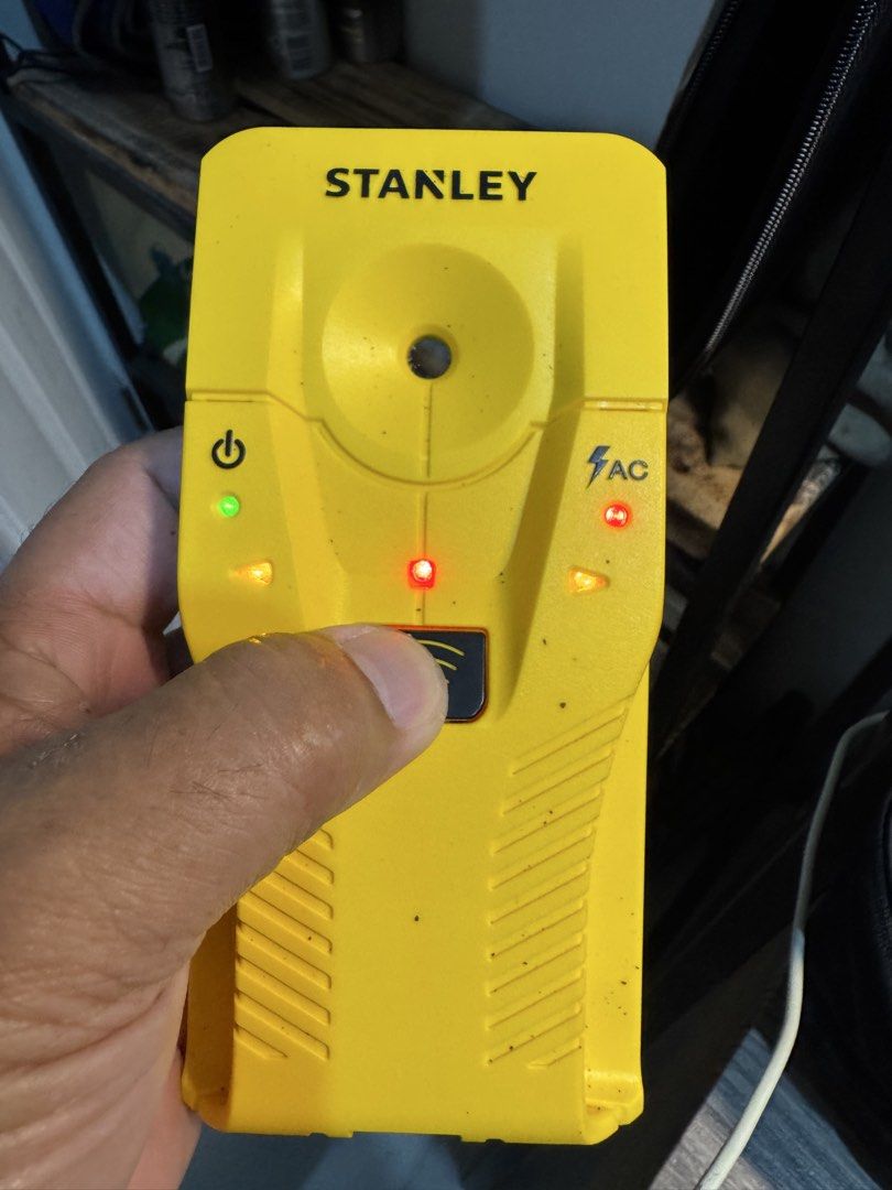 Stanley STHT77587 Electronic Stud Finder (Category: Construction Tools & Equipment) located in Cavite. Submitted by marcuz1316 (Listing ID 1465159171, Image 3). Description: - Brand/Model: Stanley Electronic Stud Finder (STHT77587) - Condition: Tested and working, clean exterior with standard storage wear - Features: Bright yellow body, power and AC detection indicators, lights up properly when pressed - Power Source: Runs on AAA batteries - Best