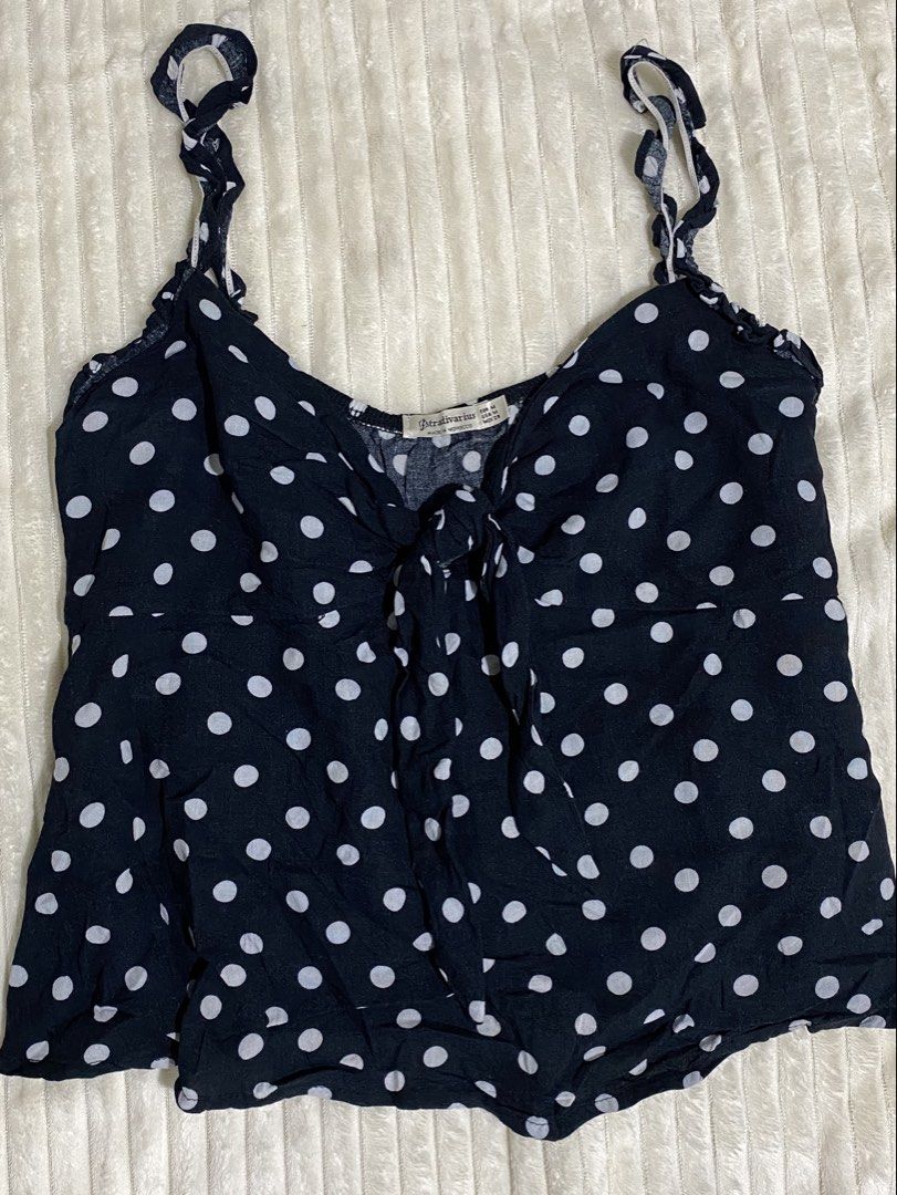 Stradivarius Polka Tie Front Top (Category: Sleeveless) located in Bugallon. Submitted by jamideclutters (Listing ID 1465150043, Image 1). Description: - S-M - no flaws.