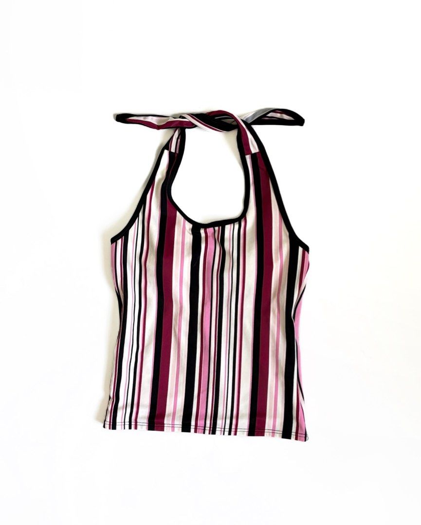 Striped Halter Swim Top Tankini (Category: Bikinis & Swimsuits) located in Tarlac. Submitted by kr_closet (Listing ID 1465097783, Image 1). Description: - Design: Vertical stripes in pink, maroon, white, and black - Neckline: Self-tie halter neck with contrasting black trim - Support: Built-in shelf bra with removable padding - Material: Stretchy, comfortable swim fabric.