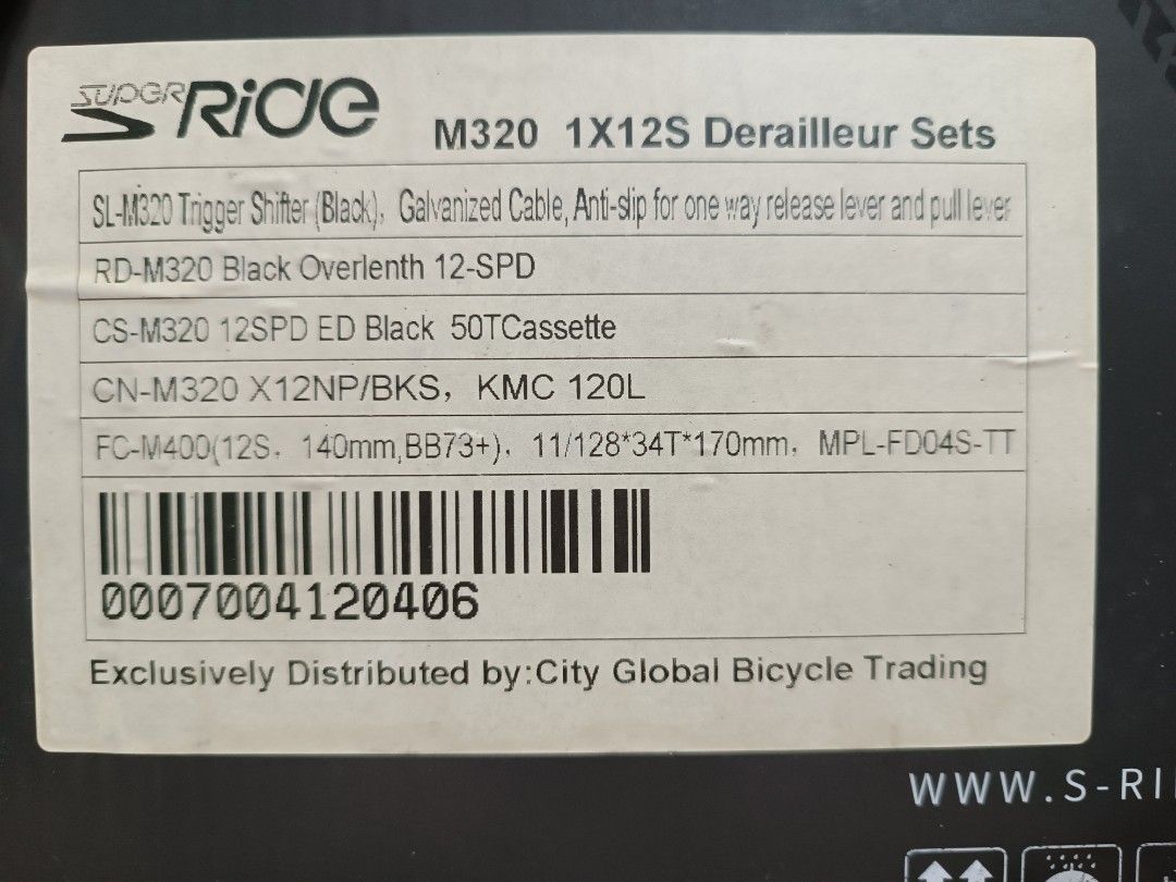 Super Ride M320 1x12S Derailleur Set (Category: Bicycles) located in Paranaque City. Submitted by anjoringor (Listing ID 1465058942, Image 2). Description: - Brand: Super Ride M320 1x12S Derailleur Set (Black) - Condition: Brand new in original box - Distributor: City Global Bicycle Trading - SL-M320 Trigger Shifter with galvanized cable - RD-M320 Black overlength 12-speed rear derailleur - CS-M320 12-speed ED Black 50T cassette - CN-M320 X12NP/B