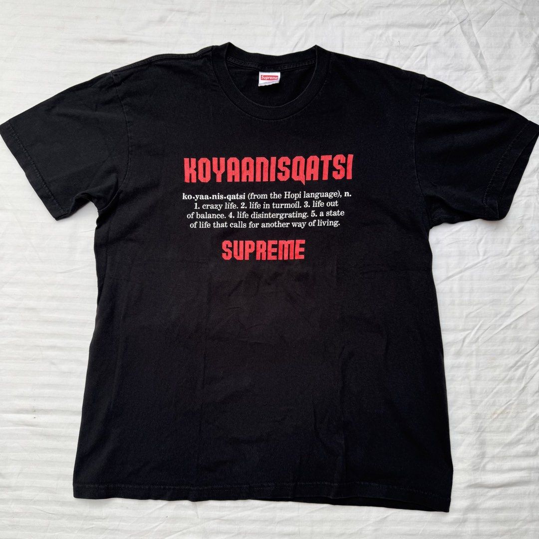 SUPREME X KOYAANISQATSI (Category: Tshirts & Polo Shirts ) located in Pasig City. Submitted by jaaard (Listing ID 1464986554, Image 1). Description: Size medium 21.5x27 Vgood condition 1pinhole issue see last pic Itim pa sa sunlight lsng sa pic kaya medyo parang fade .crackprints overall good pa Pm .