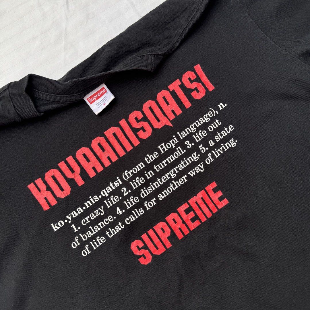 SUPREME X KOYAANISQATSI (Category: Tshirts & Polo Shirts ) located in Pasig City. Submitted by jaaard (Listing ID 1464986554, Image 2). Description: Size medium 21.5x27 Vgood condition 1pinhole issue see last pic Itim pa sa sunlight lsng sa pic kaya medyo parang fade .crackprints overall good pa Pm .