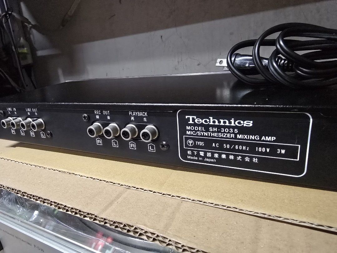 Technics SH-3035 Mic / Synthesizer Mixing Amp (Category: Musical Instruments) located in Caloocan City. Submitted by Lan_cab (Listing ID 1465058141, Image 3). Description: - Vintage Technics SH-3035 microphone and synthesizer mixing amp - Made in Japan by Matsushita Electric - Front panel features dual mic and guitar jacks with rotary control knobs - Rear includes standard RCA connections for line in, line out, rec out, and playback - Power ratin