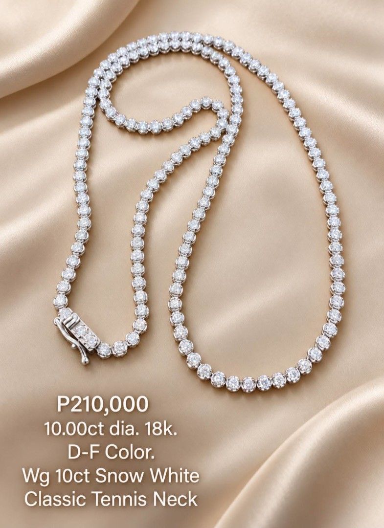 Tennis Necklace (Category: Earrings) located in Manila. Submitted by jjcgoldselect0707 (Listing ID 1465119500, Image 1). Description: Snow White Classic Tennis Necklace come with certificate 💎 10.00ct Diamond | 18K Japan Gold 🤍 D–F Color ❄️ Snow White brilliance & timeless elegance 💰 ₱210,000.