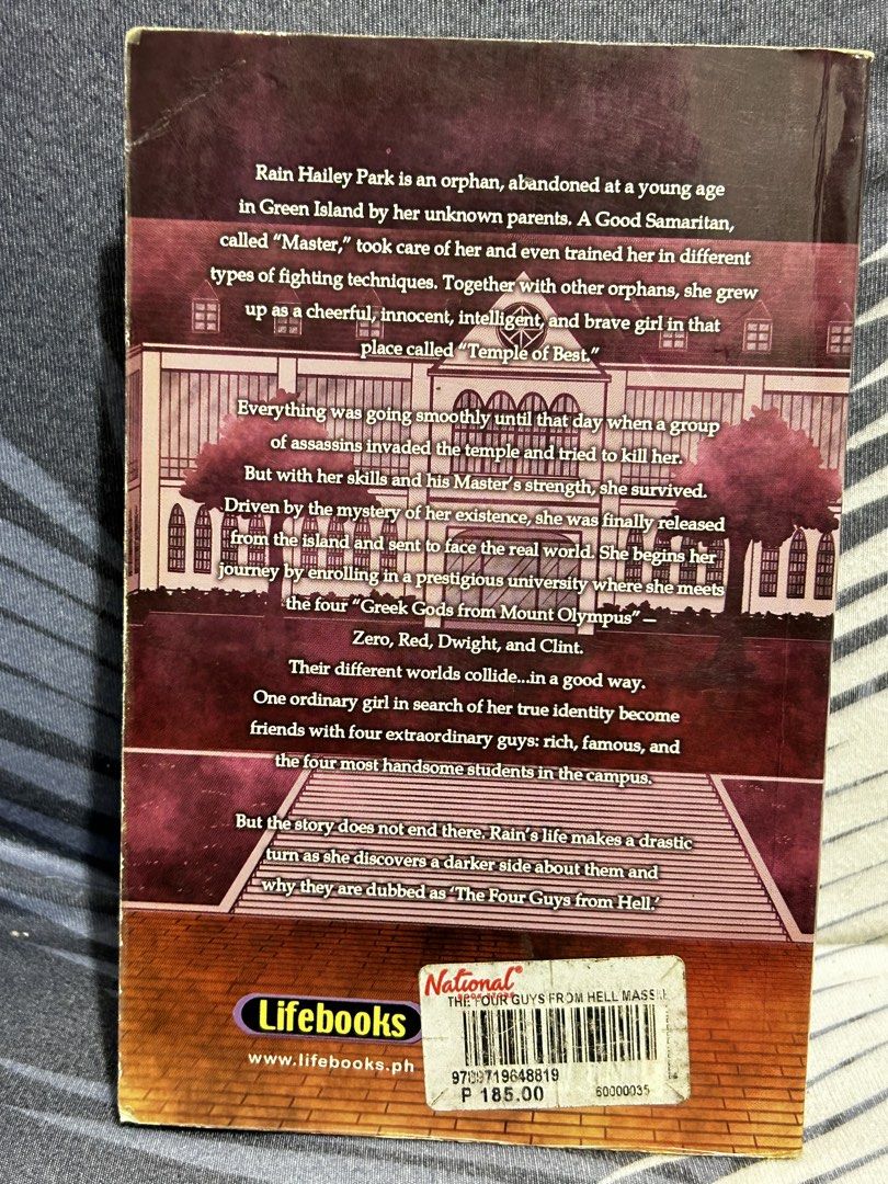 The Four Guys From Hell by Msshell (Category: Storybooks) located in Manila. Submitted by celestinea40549 (Listing ID 1465065324, Image 2). Description: - Title: The Four Guys from Hell - Synopsis: Follows Rain Hailey Park as she enters university and meets four dangerous guys - Format: Paperback - Condition: Pages have some yellowing around the edges due to storage; spine and cover remain fully intact.