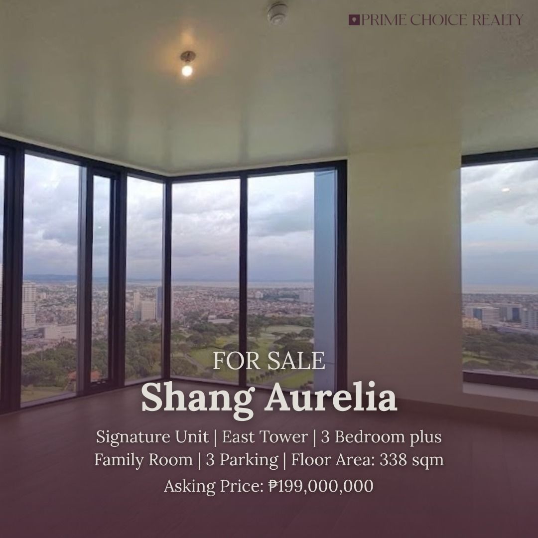 SHANG AURELIA SIGNATURE UNIT (Category: Apartments & Condos) located in Quezon City. Submitted by primechoicerealtyinc (Listing ID 1465004102, Image 1). Description: FOR SALE SHANG AURELIA SIGNATURE UNIT PROPERTY DETAILS • 338 sqm Floor Area • East Tower • Signature Unit • 3 Bedrooms + Family Room • 3 Parking Slots • Huge Balcony • Elevated Views with Lush Greenery • Facing the Building Fountain & Singapore Embassy Asking Price: ₱199,000,000 + Bu