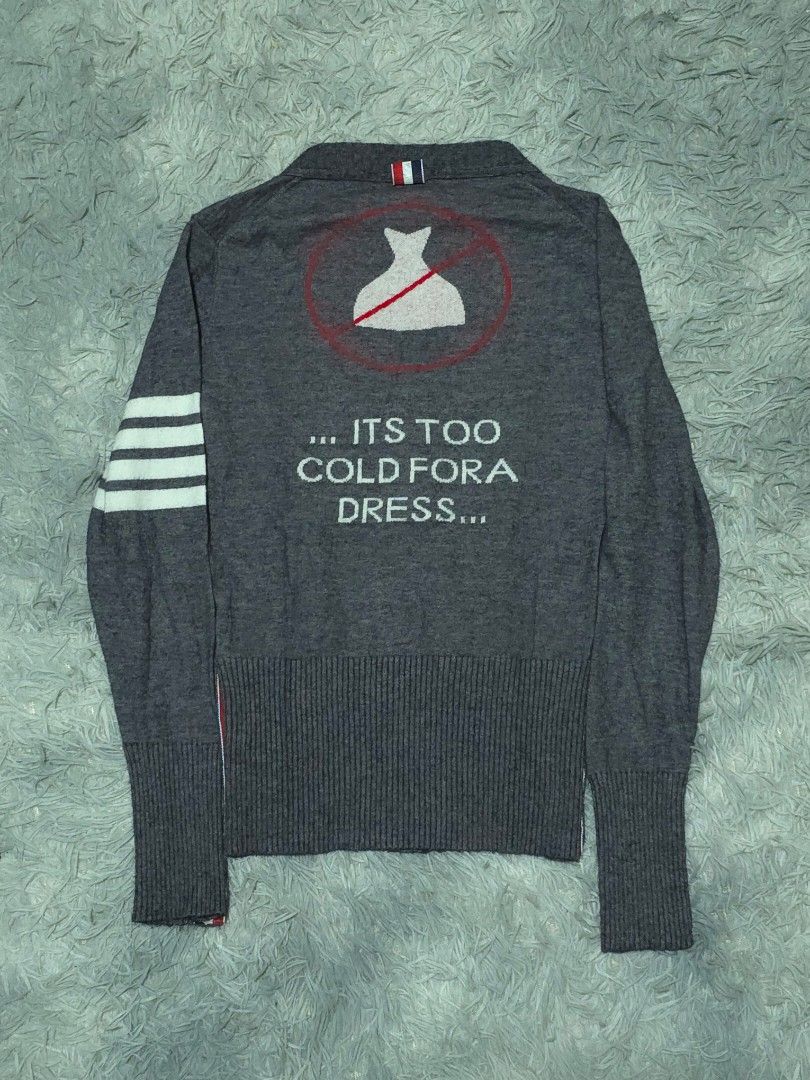 Thom Browne Knitted Cardigan (Category: Coats, Jackets and Outerwear) located in Abulug. Submitted by humanwhosellthings (Listing ID 1464972083, Image 2). Description: THOM BROWNÈ Womens Cardigan ✅️Size: Small ✅️Dimes: 17.5W x 22L ✅Condition: Excellent ✅Issue: None ✅Color Rate: 9.8/10.