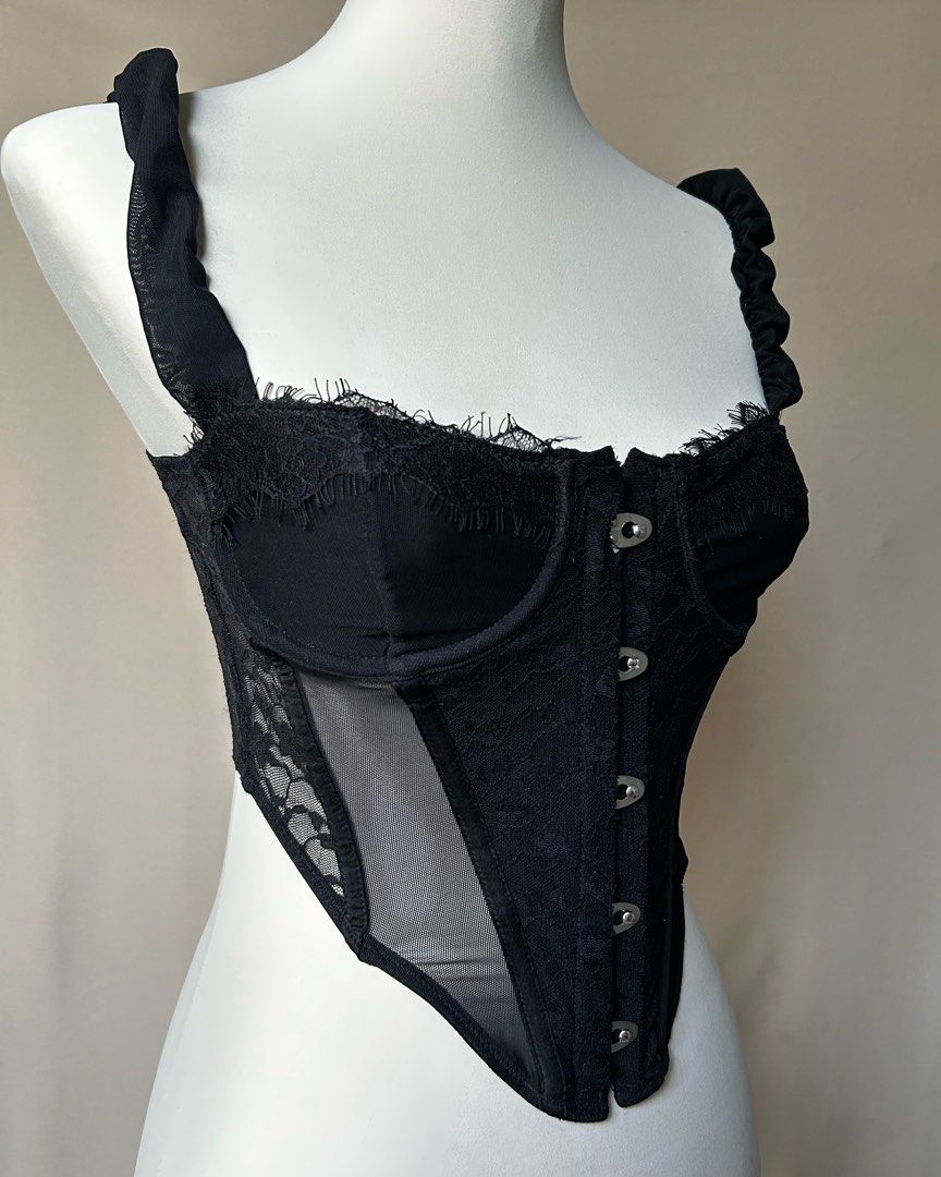 Tic Toc Black Lace Sheer Corset Top (Category: Sleeveless) located in Los Banos. Submitted by hotlinevintage777 (Listing ID 1465006484, Image 2). Description: — brand: tic toc — s on tag, fits xs to s — issue: front part (see last pic) .