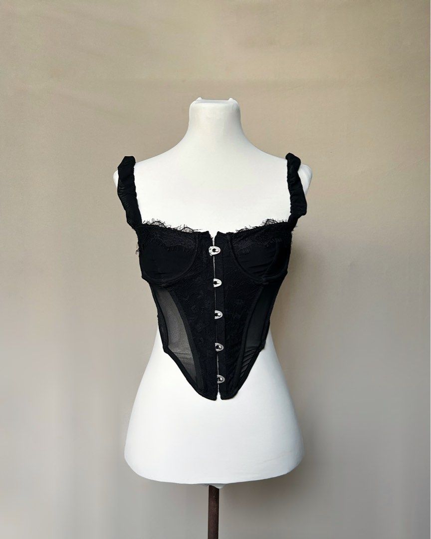 Tic Toc Black Lace Sheer Corset Top (Category: Sleeveless) located in Los Banos. Submitted by hotlinevintage777 (Listing ID 1465006484, Image 1). Description: — brand: tic toc — s on tag, fits xs to s — issue: front part (see last pic) .