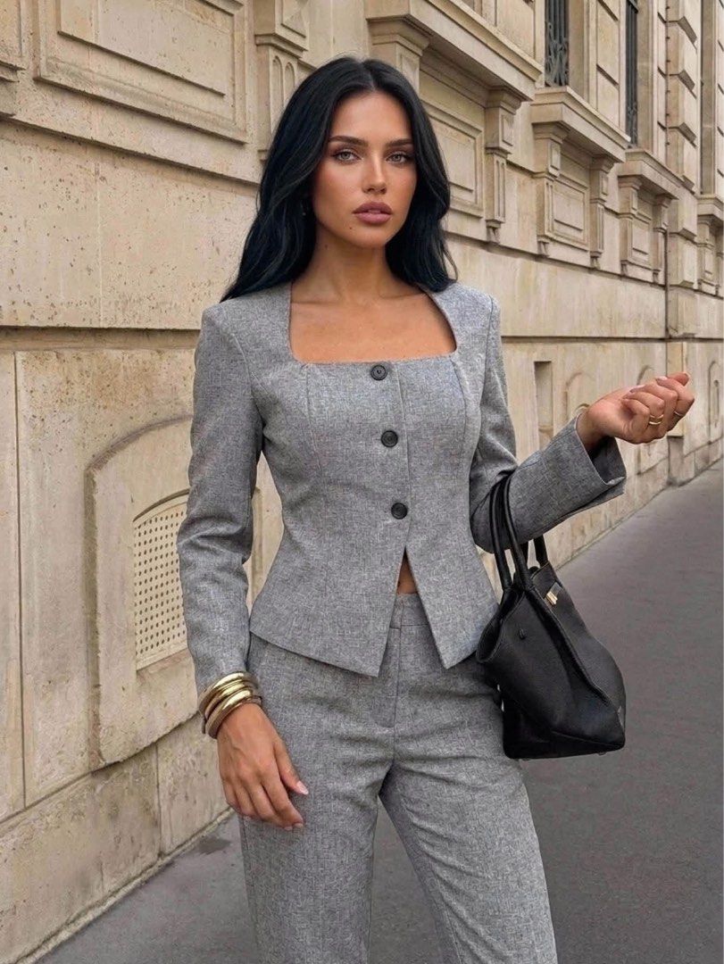 Top blazer Gray and Cream (Category: Blouses) located in Manila. Submitted by iamfashionistapage (Listing ID 1465169385, Image 1). Description: Brand new with pouch. S and M.
