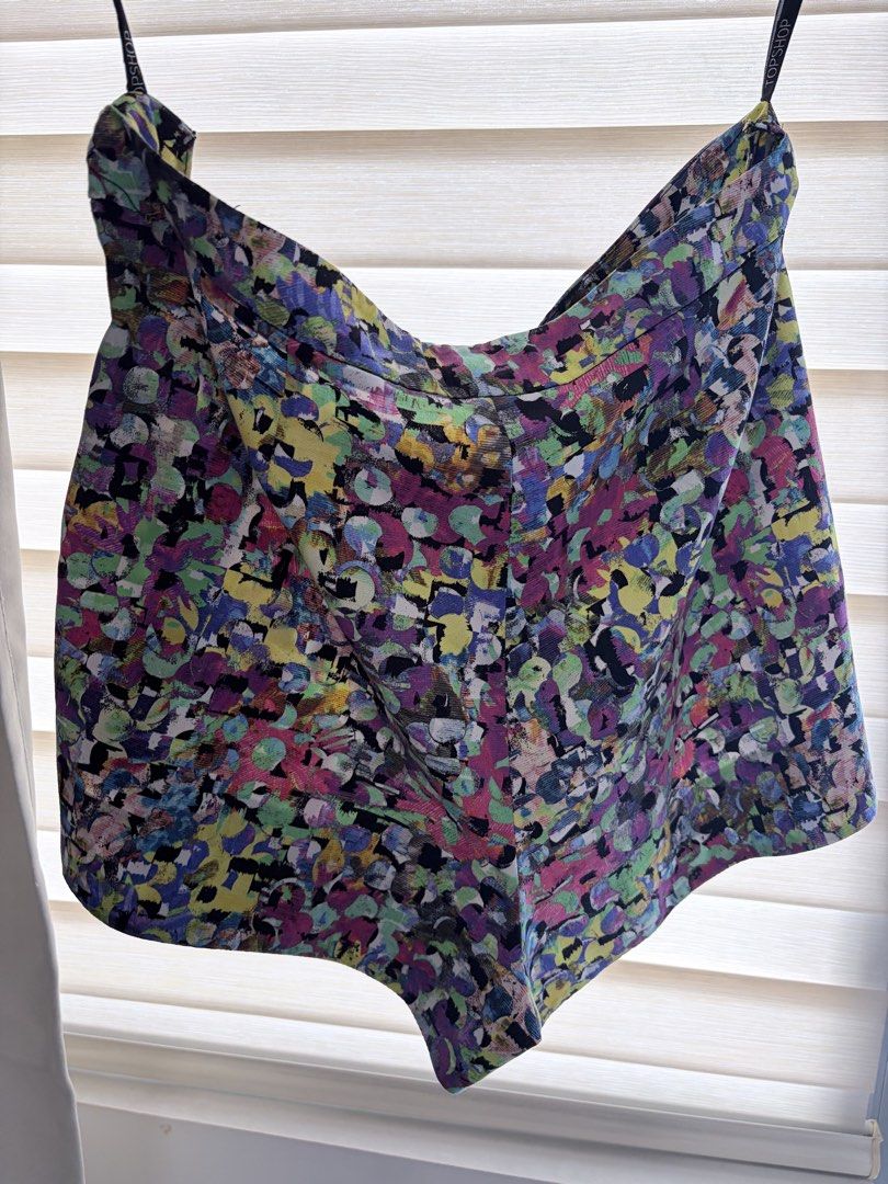 Topshop multi-color abstract print shorts (Category: Shorts) located in Manila. Submitted by cheska.closet18 (Listing ID 1465022979, Image 2). Description: - Brand: Topshop - Design: Vibrant abstract pattern in purple, green, yellow, and black - Features: Printed fabric straps attached to the waistband for hanging - Ideal for: Summer outfits, festivals, and casual wear - Styling: Pairs effortlessly with plain tees or tank tops.