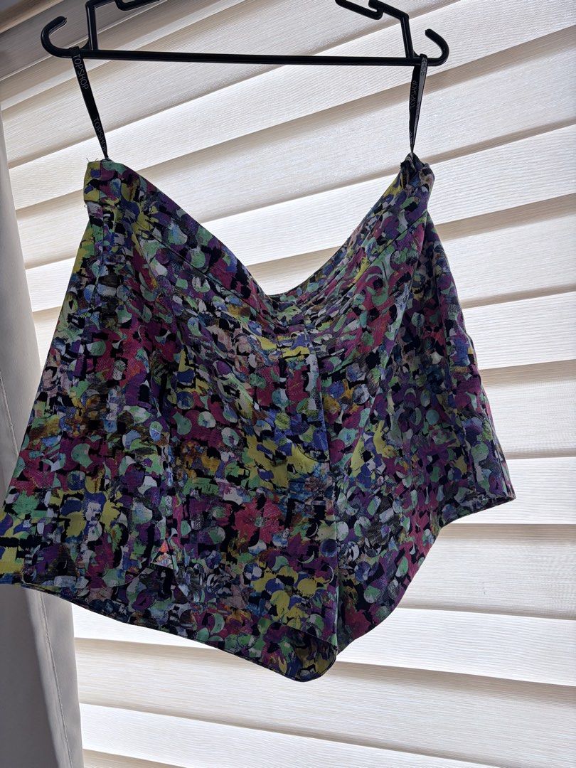 Topshop multi-color abstract print shorts (Category: Shorts) located in Manila. Submitted by cheska.closet18 (Listing ID 1465022979, Image 1). Description: - Brand: Topshop - Design: Vibrant abstract pattern in purple, green, yellow, and black - Features: Printed fabric straps attached to the waistband for hanging - Ideal for: Summer outfits, festivals, and casual wear - Styling: Pairs effortlessly with plain tees or tank tops.