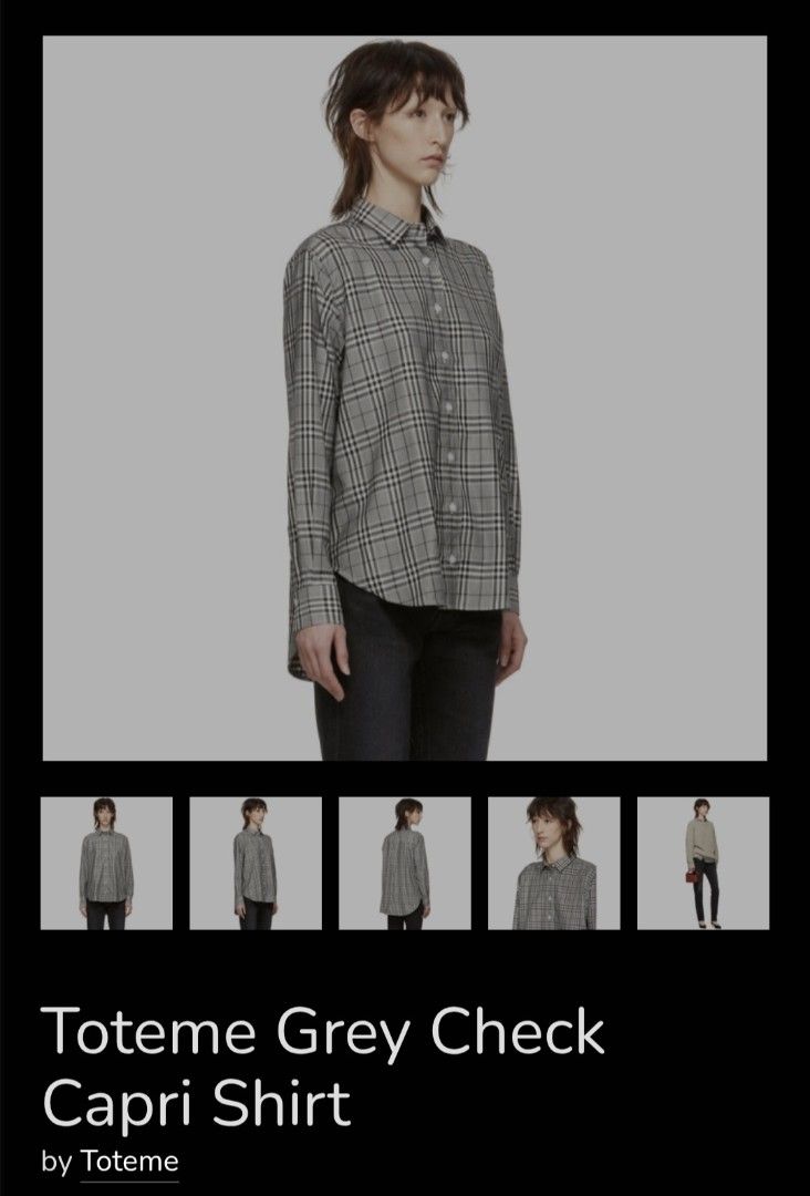 Toteme Grey Check Capri Shirt (Category: Longsleeves) located in Los Banos. Submitted by movachoice (Listing ID 1465116685, Image 3). Description: TOTEME Capri long sleeve shirt in grey, black and white plaid. • Size XS • 100% Cotton • Button-down design • Relaxed silhouette • Curved hem • Subtle embroidered TOTEME monogram • Preloved designer find • One piece only Please refer to actual photos for the item's condition. Message me for measurement