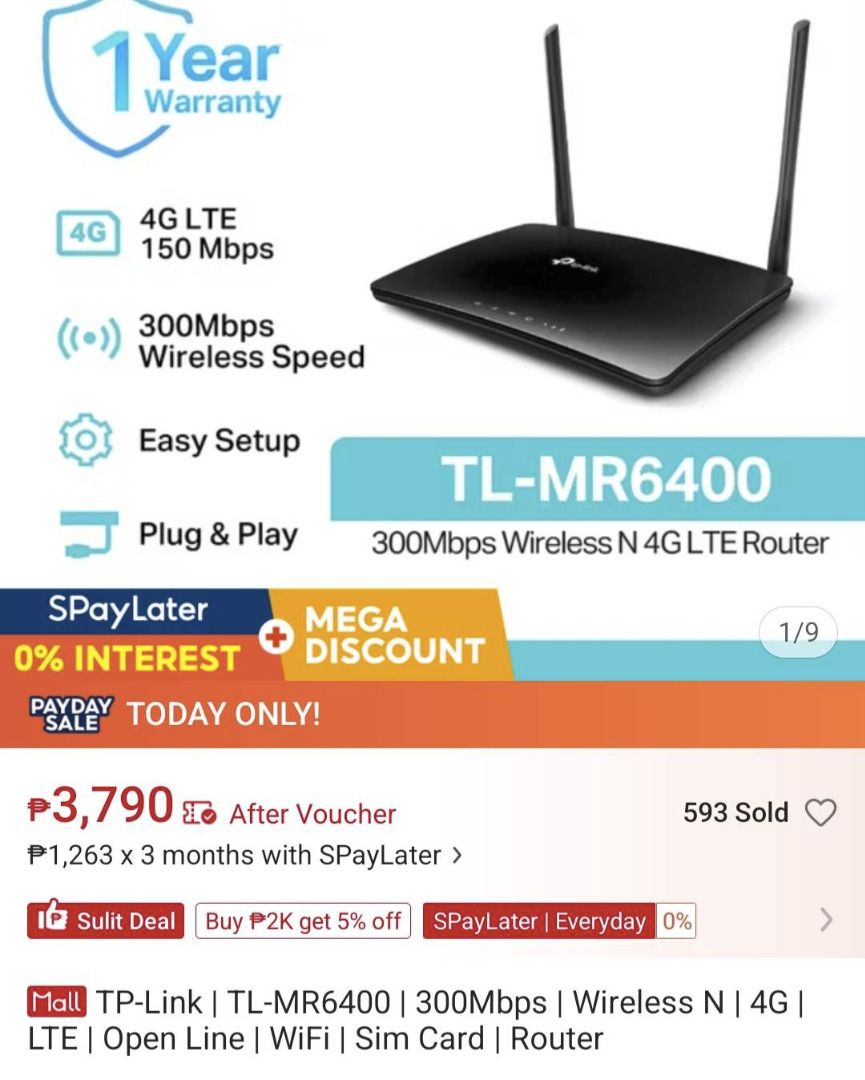 TP-Link | TP-MR6400 | Openline Sim Card 4G LTE Router Modem (Category: Other Gadgets) located in Pasay City. Submitted by ht30-alex (Listing ID 1465034798, Image 2). Description: Used for about a week. Selling since I dont need it anymore. Purchased for Php3800, selling for Php1800. Has the unit itself, power supply, ethernet cable, and the box. Can meet up in any LRT 1 Station. Can also meet up at SM MOA, Cash&Carry, or Robinsons Manila, SM San 