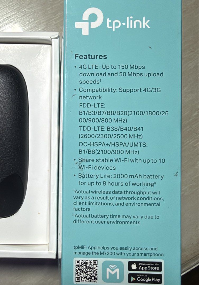 TP-Link M7200 4G LTE Mobile Wi-Fi Hotspot (Category: Networking) located in Muntinlupa City. Submitted by caroucella (Listing ID 1465028268, Image 3). Description: - Model: TP-Link M7200 Portable Wi-Fi Hotspot (Black) - Condition: Like new - Speed: Fast 4G LTE up to 150 Mbps download / 50 Mbps upload - Capacity: Connects up to 10 devices simultaneously - Battery: Built-in 2000 mAh battery lasting up to 8 hours - Inclusions: Original box, micro US
