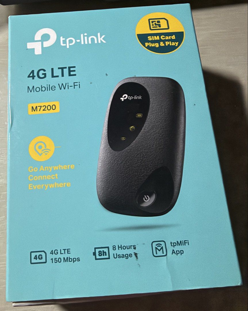 TP-Link M7200 4G LTE Mobile Wi-Fi Hotspot (Category: Networking) located in Muntinlupa City. Submitted by caroucella (Listing ID 1465028268, Image 1). Description: - Model: TP-Link M7200 Portable Wi-Fi Hotspot (Black) - Condition: Like new - Speed: Fast 4G LTE up to 150 Mbps download / 50 Mbps upload - Capacity: Connects up to 10 devices simultaneously - Battery: Built-in 2000 mAh battery lasting up to 8 hours - Inclusions: Original box, micro US