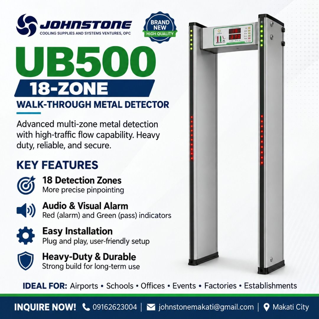 UB500 walk through metal detector 18zones (Category: Office & Business Technology) located in Caloocan City. Submitted by jcs_ra_892 (Listing ID 1464991230, Image 1). Description: - Model: Uniqscan UB500 Walk-Through Metal Detector - 18 detection zones for precise pinpointing - Clear audio and visual alarms with red alarm and green pass indicators - Heavy-duty build designed for high-traffic areas - Perfect for airports, schools, offices, events,