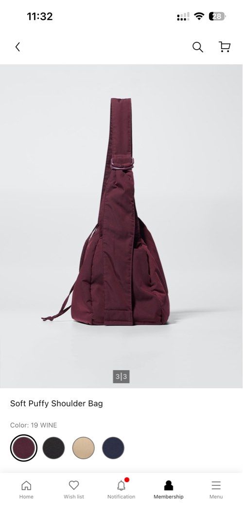 UNIQLO : C Soft Puffy Shoulder Bag Wine (Category: Shoulder Bags) located in Quezon City. Submitted by blesshie_ (Listing ID 1465115244, Image 2). Description: - Brand/Model: UNIQLO: C Soft Puffy Shoulder Bag - Color: Wine - Closure: Drawstring top - Features: Side pockets, roomy interior, adjustable strap with buckle hardware - Condition: Excellent, no flaws noted - Perfect as an everyday carryall - Original price: 1,490.