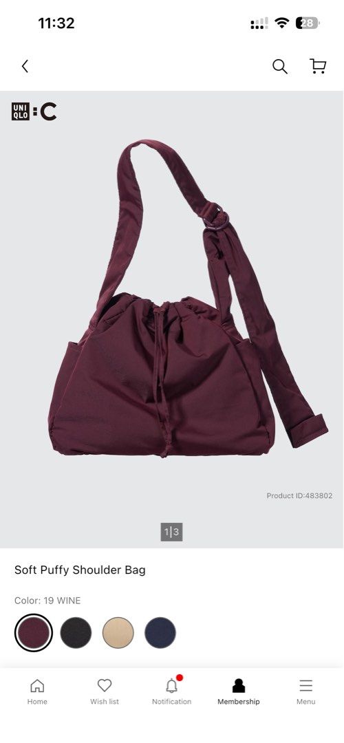 UNIQLO : C Soft Puffy Shoulder Bag Wine (Category: Shoulder Bags) located in Quezon City. Submitted by blesshie_ (Listing ID 1465115244, Image 1). Description: - Brand/Model: UNIQLO: C Soft Puffy Shoulder Bag - Color: Wine - Closure: Drawstring top - Features: Side pockets, roomy interior, adjustable strap with buckle hardware - Condition: Excellent, no flaws noted - Perfect as an everyday carryall - Original price: 1,490.