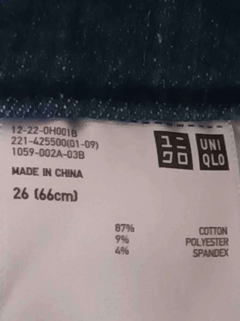 Uniqlo Jeans Size 26 (Category: Jeans) located in Paranaque City. Submitted by maria_2010 (Listing ID 1464992217, Image 3). Description: - Brand: Uniqlo - Item: Stretch Denim Jeans - Color: Dark blue wash - Size: 26 (66cm waist) - Material: 87% cotton, 9% polyester, 4% spandex for extra comfort and flexibility - Fit: Mid-rise - Features: Classic five-pocket styling, belt loops, zip fly with button closure - Origin: Made in China.