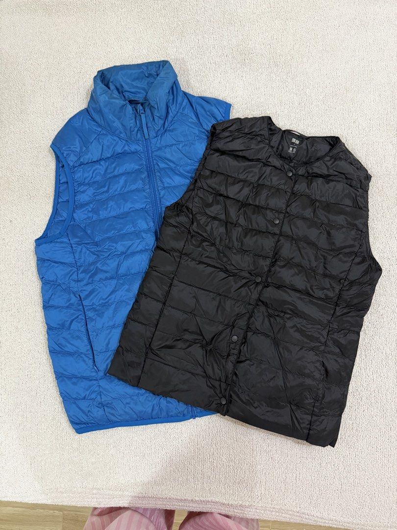 Uniqlo Puffer Vest Bundle S (Category: Sleeveless) located in Subic. Submitted by kittysclosetsale (Listing ID 1465030611, Image 1). Description: - Brand: Uniqlo - Item: Ultra Light Down Vests (Set of 2) - Size: Small - Colors & Styles: Vibrant blue (zip front, stand collar) and Classic black (snap buttons, collarless) - Features: Lightweight warmth, highly packable - Condition: Clean and ready to wear.