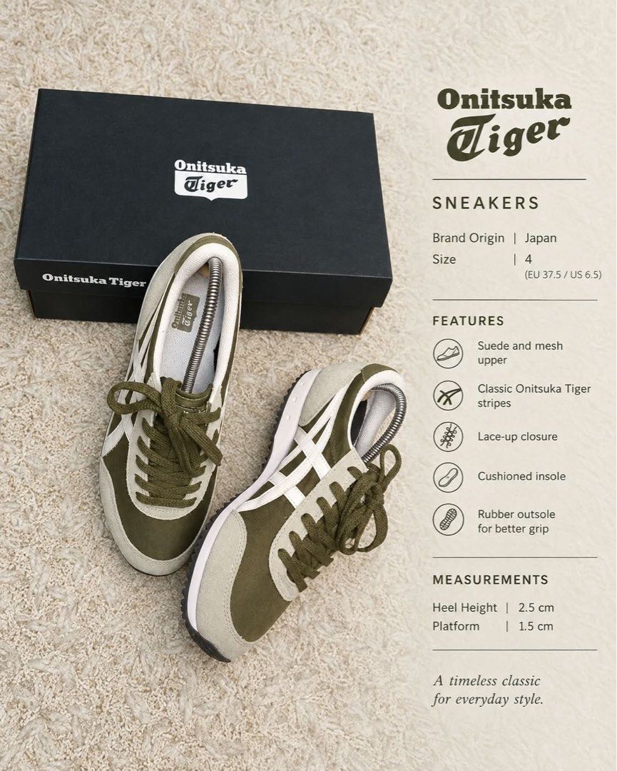 UNUSED Onitsuka Tiger Bronze Green/White (Category: Sneakers) located in Muntinlupa City. Submitted by bff_findsph (Listing ID 1465079989, Image 2). Description: 5,500 Php | Unused | Unisex Color | Brinze Green White Size US 5 US Women 6 1/2 Eur 37.5 UK 4 CM 23.5 CN 235 (2.5) Guaranteed Authentic Comment “MINE” to purchase or DM us for inquiries. Visit and follow our page to explore our latest collections. (IG Account | @Bffindsph) (@bff_men_ph).