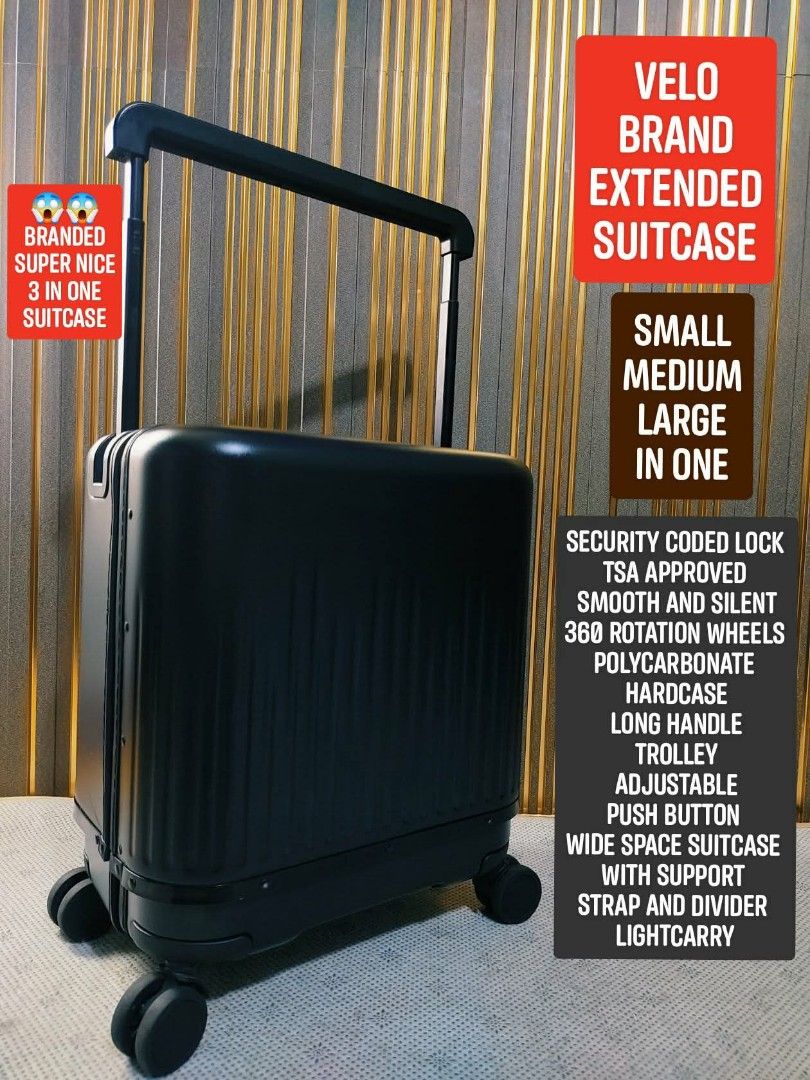 "VELO" BRAND EXPANSION TECHNOLOGY (Category: Luggage) located in Valenzuela. Submitted by se_japansurplus (Listing ID 1465043340, Image 1). Description: 😍‼️ALL SIZE IN ONE LUGGAGE‼️😍 SUPER NICE 👍 👍 "VELO" BRAND EXPANSION TECHNOLOGY ⚡⚡SALE 6,500⚡⚡ MARKET PRICE 16,500 Japan imported CARRY ON UPTO LARGE SIZE ✨Extended technology system button ✨Security Coded lock TSA APPROVED (all sizes Covered) ✨DURABLE Polycarbonate Hardshell ✨Smooth and silen
