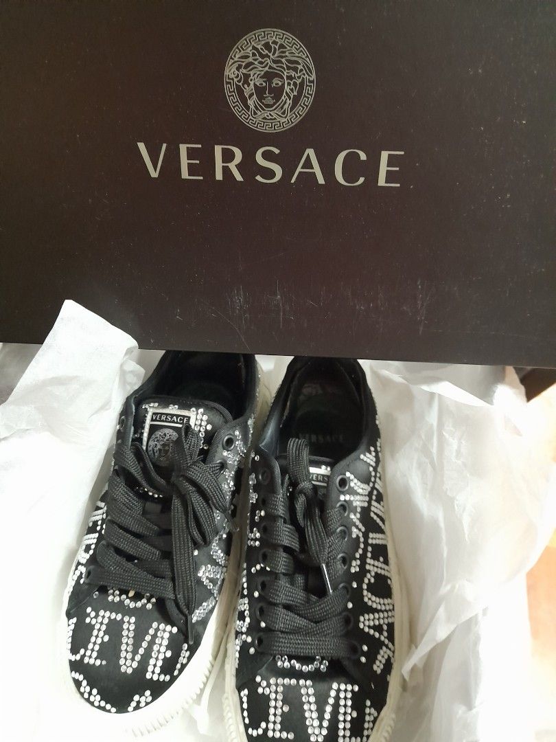 VERSACE Authentic crystal-embellished platform sneakers (Category: Sneakers) located in Cavite. Submitted by csdepot (Listing ID 1465049372, Image 1). Description: Versace crystal-embellished logo platform sneakers Authentic VERSACE With Box Bought in the US worth $850 Size: 350 Italian/EU size 35.