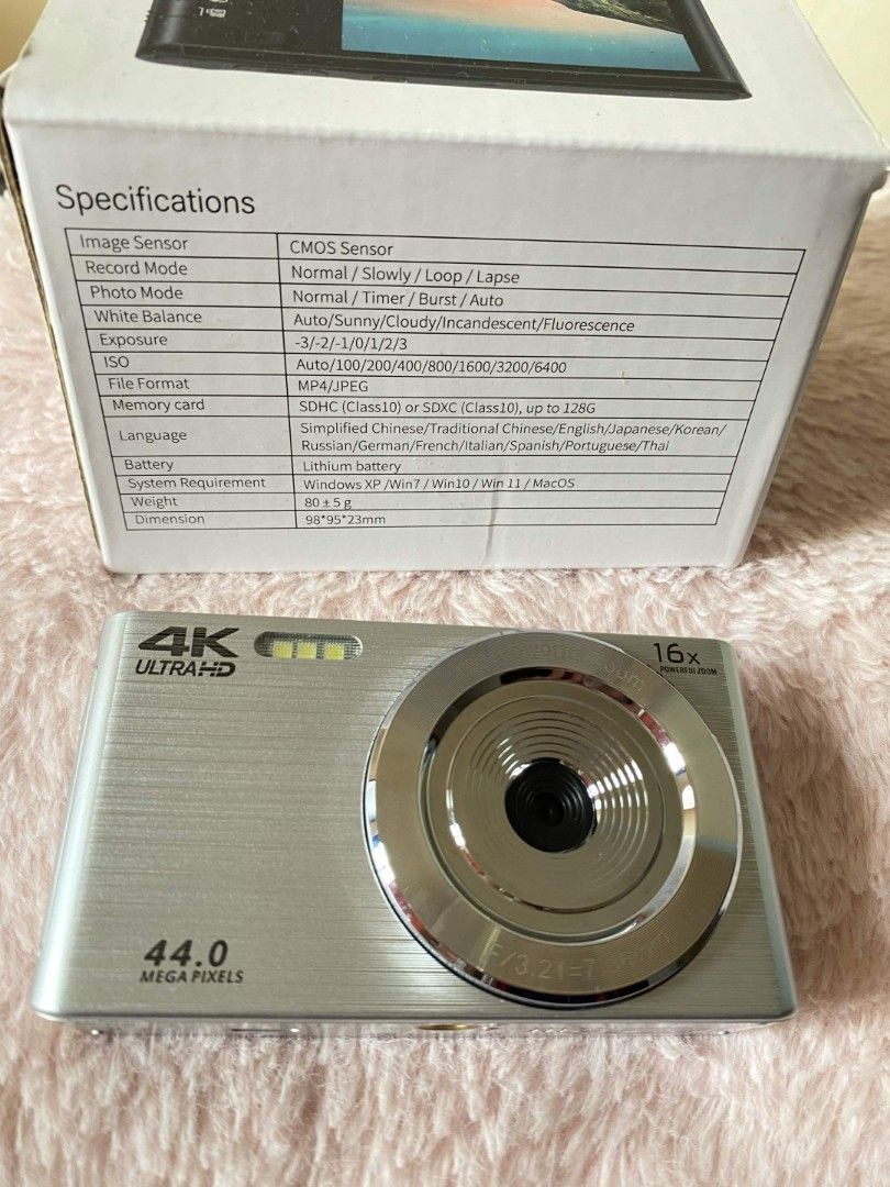 Vetek 1 (4K Digital Camera HD) (Category: Cameras) located in Manila. Submitted by dazzlebling_ (Listing ID 1465048099, Image 2). Description: Vetek 1 (4K Digital Camera HD) - Silver - 44 Megapixels - 16x Powerful Zoom - Time Lapse - Self-Timer Inclusions: - Battery - Lanyard - Charging Cord - 64GB SD Card Condition: - No issues - Barely used - Screen protected - Good battery life MOP: Gcash/Maribank MOD: J&T.